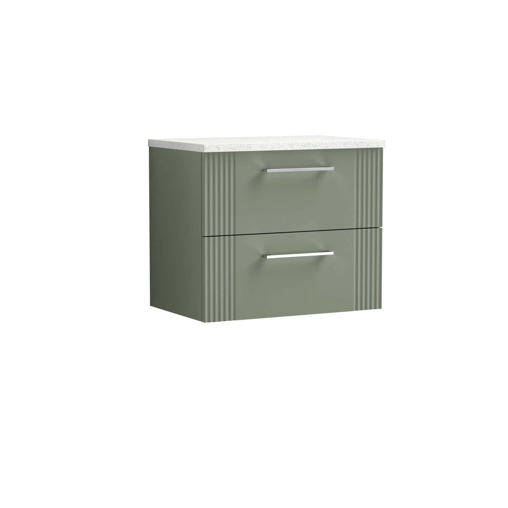 Sleek green bathroom vanity with Mayan ribbed drawer fronts and a white quartz countertop, perfect for modern bathroom storage and design.