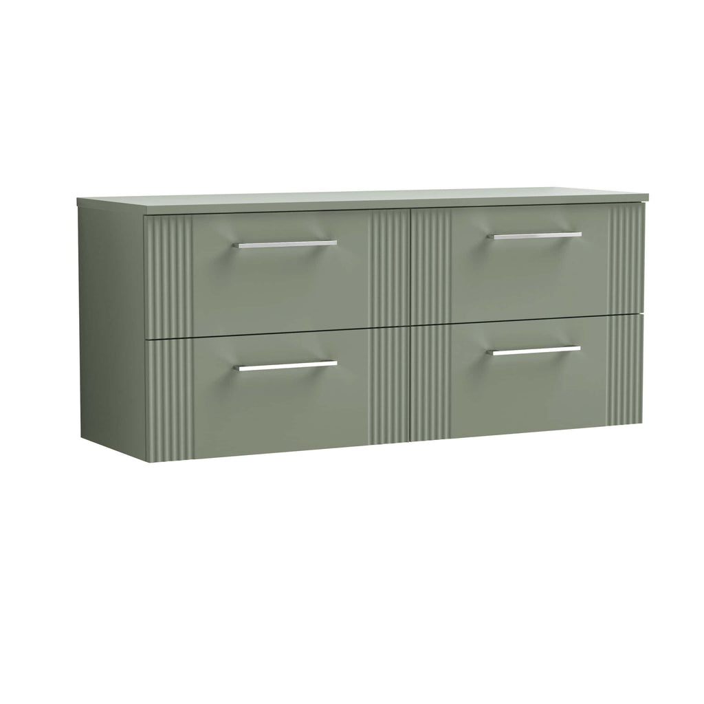 Sage green modern bathroom storage cabinet with ribbed detailing and sleek silver handles, ideal for organising bathroom essentials and adding contemporary style.
