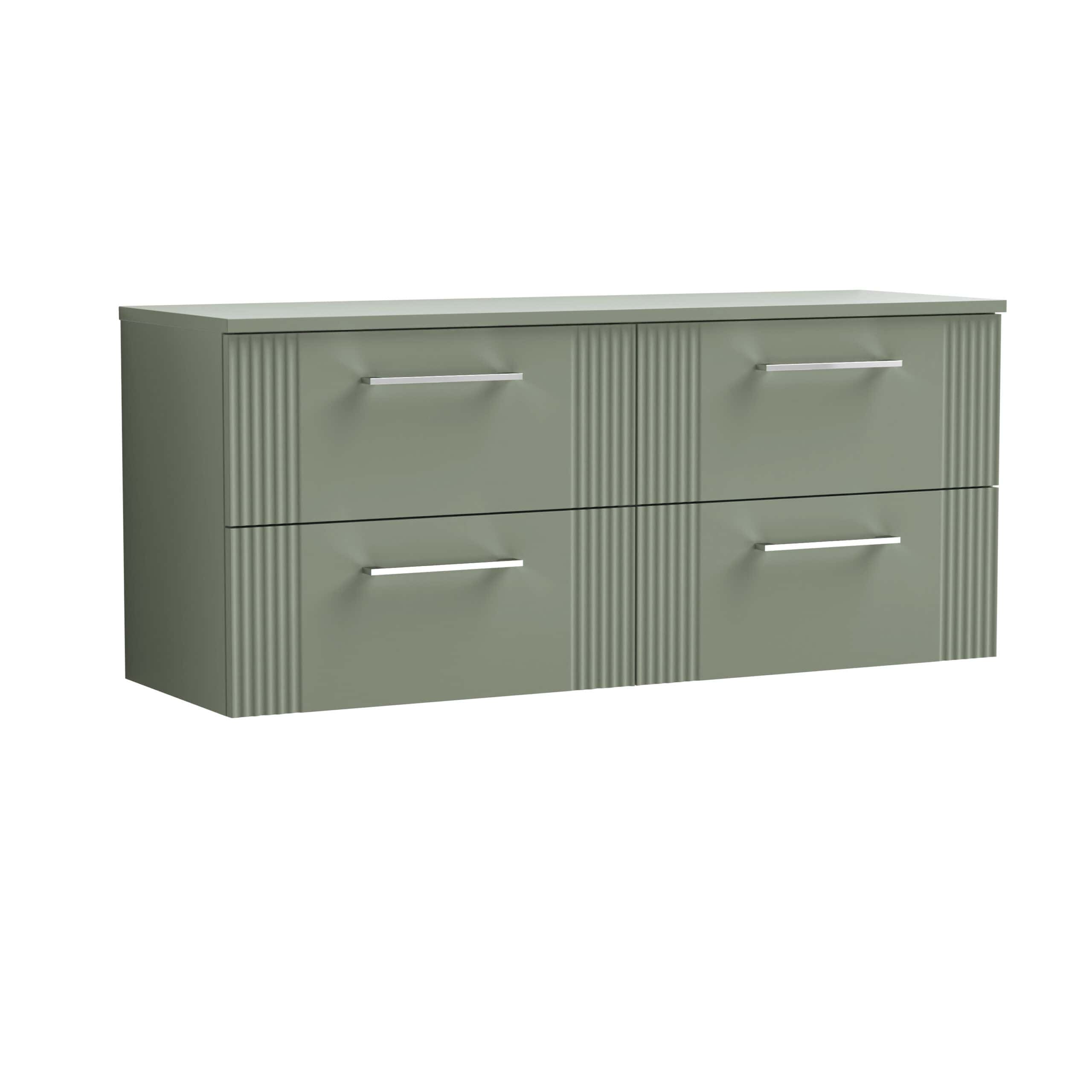 Sage green modern bathroom storage cabinet with ribbed detailing and sleek silver handles, ideal for organising bathroom essentials and adding contemporary style.