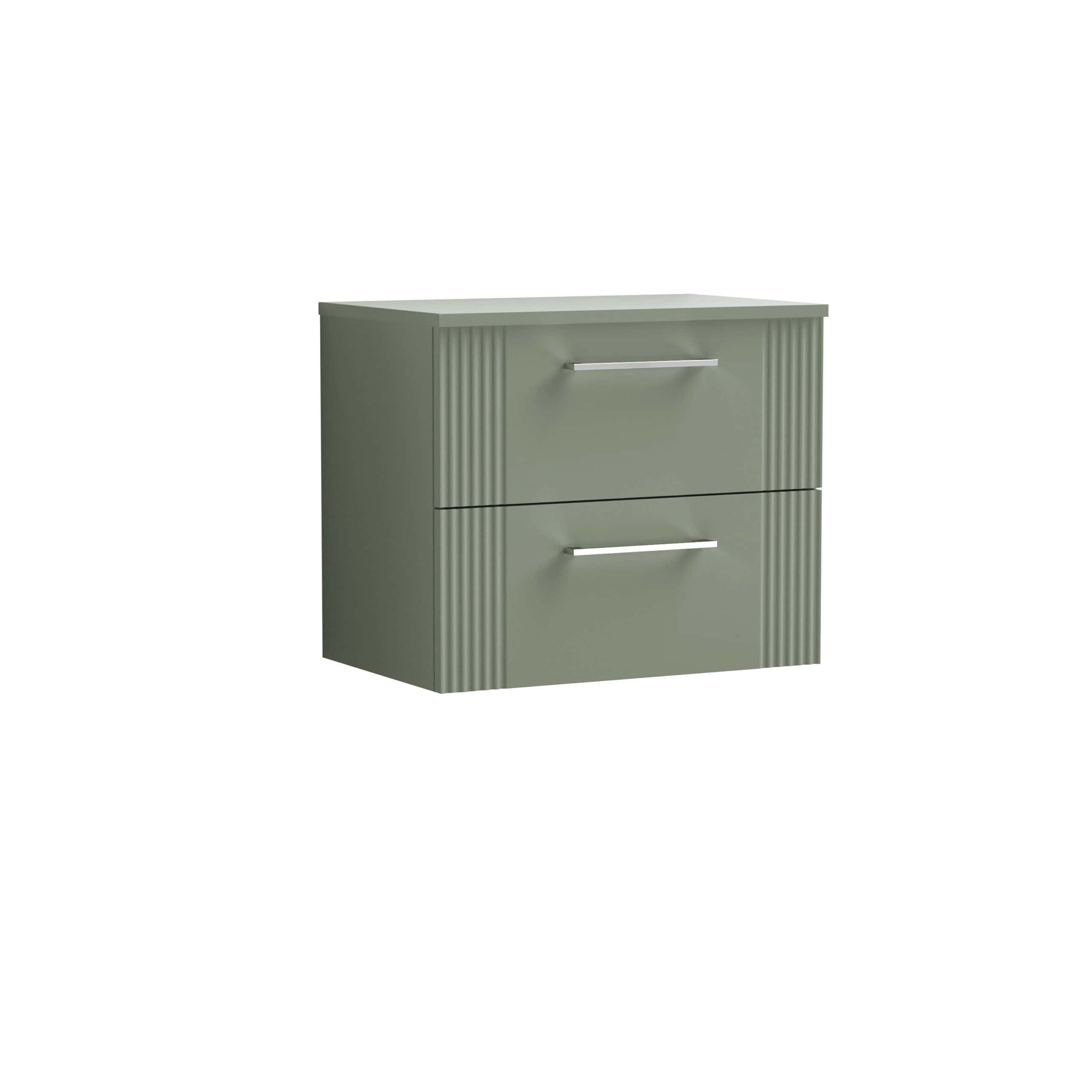Sage green bathroom bedside cabinet with two drawers, modern minimalist storage unit, ideal for bedrooms or bathrooms, stylish and functional furniture from Bubly Bathrooms.