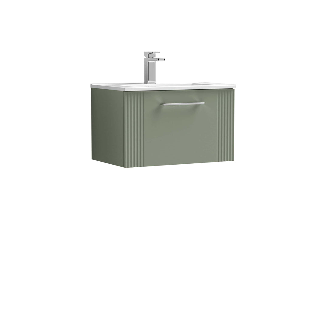 Stylish green bathroom vanity with integrated sink and modern chrome faucet, perfect for contemporary bathroom designs. Features sleek lines and practical storage options for a functional space.