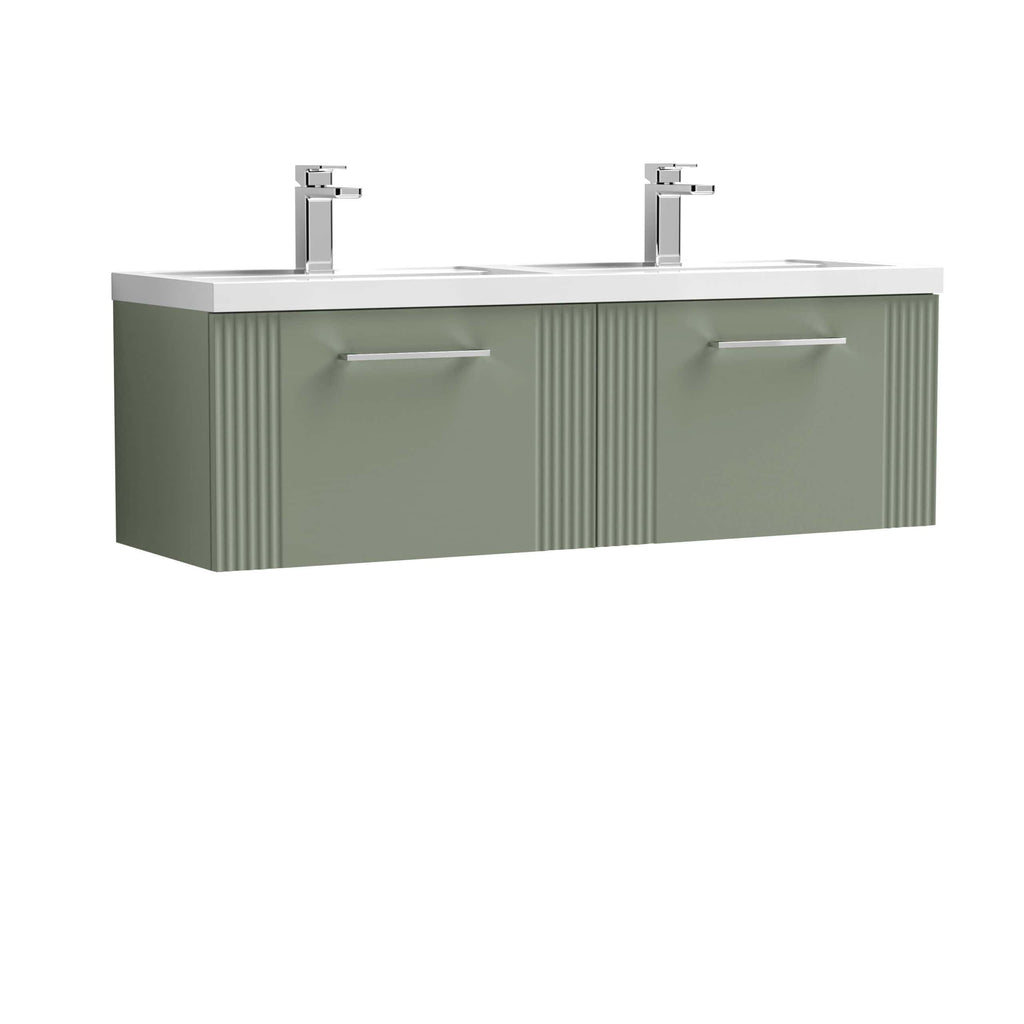 Sleek double bathroom vanity unit with two modern chrome-finished taps, smooth countertop, and distinguished green cabinetry featuring vertical textured panels for contemporary bathroom design.