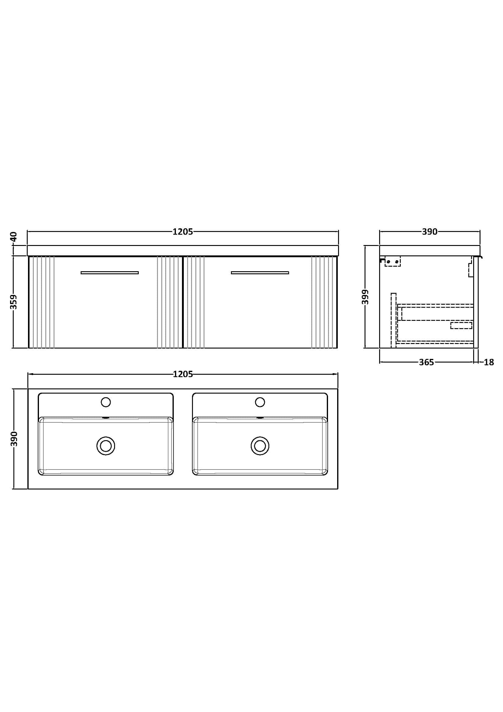 Modern double bathroom vanity cabinet with integrated sinks, sleek handle design, and detailed technical drawing. Perfect for stylish and functional bathroom renovations.