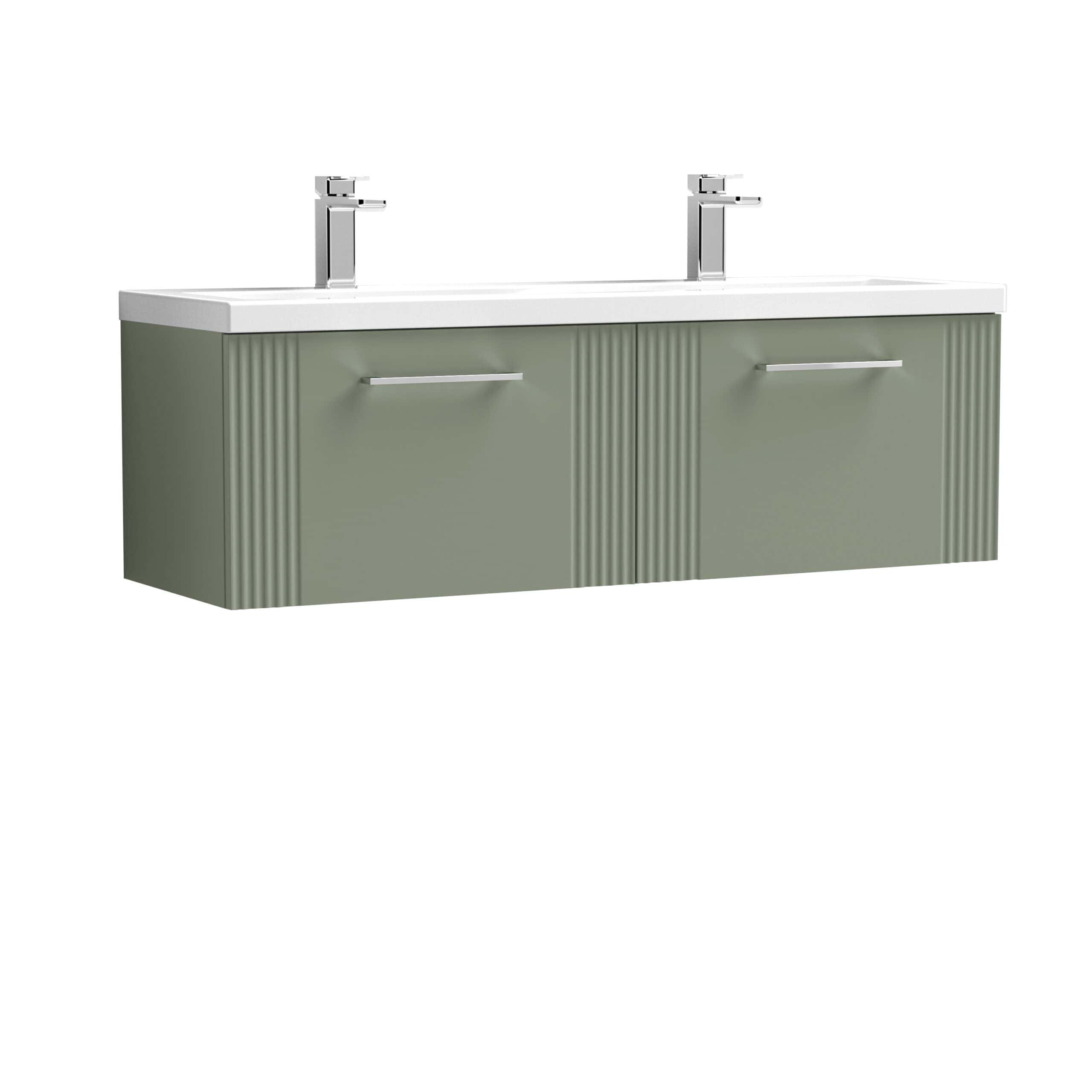 Sleek double bathroom vanity with two modern chrome faucets and soft-close drawers, suitable for contemporary bathroom interior design in UK homes.