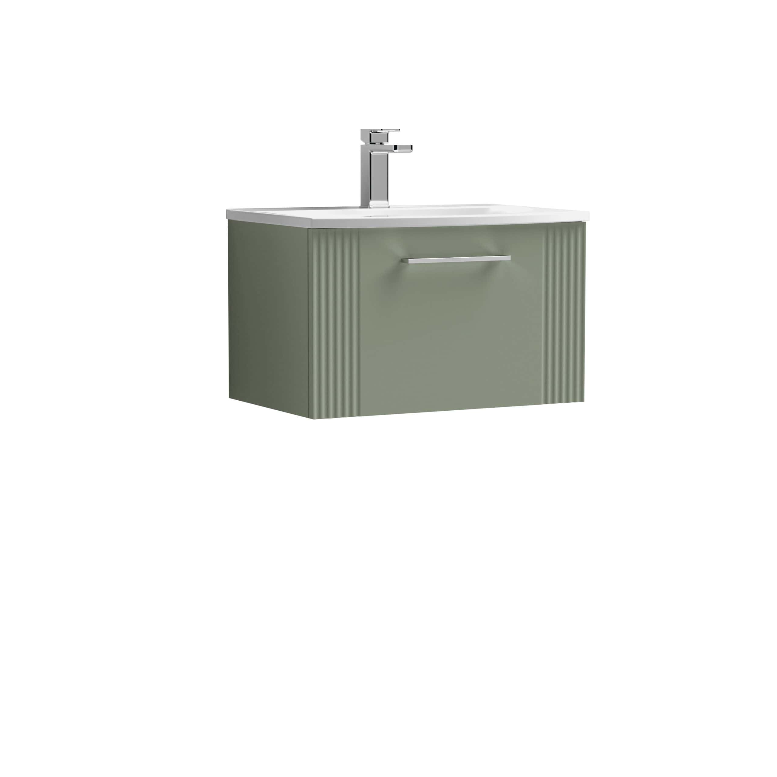Sleek green bathroom vanity with integrated sink and modern chrome faucet, perfect for contemporary bathroom interiors and space-saving bathroom solutions.
