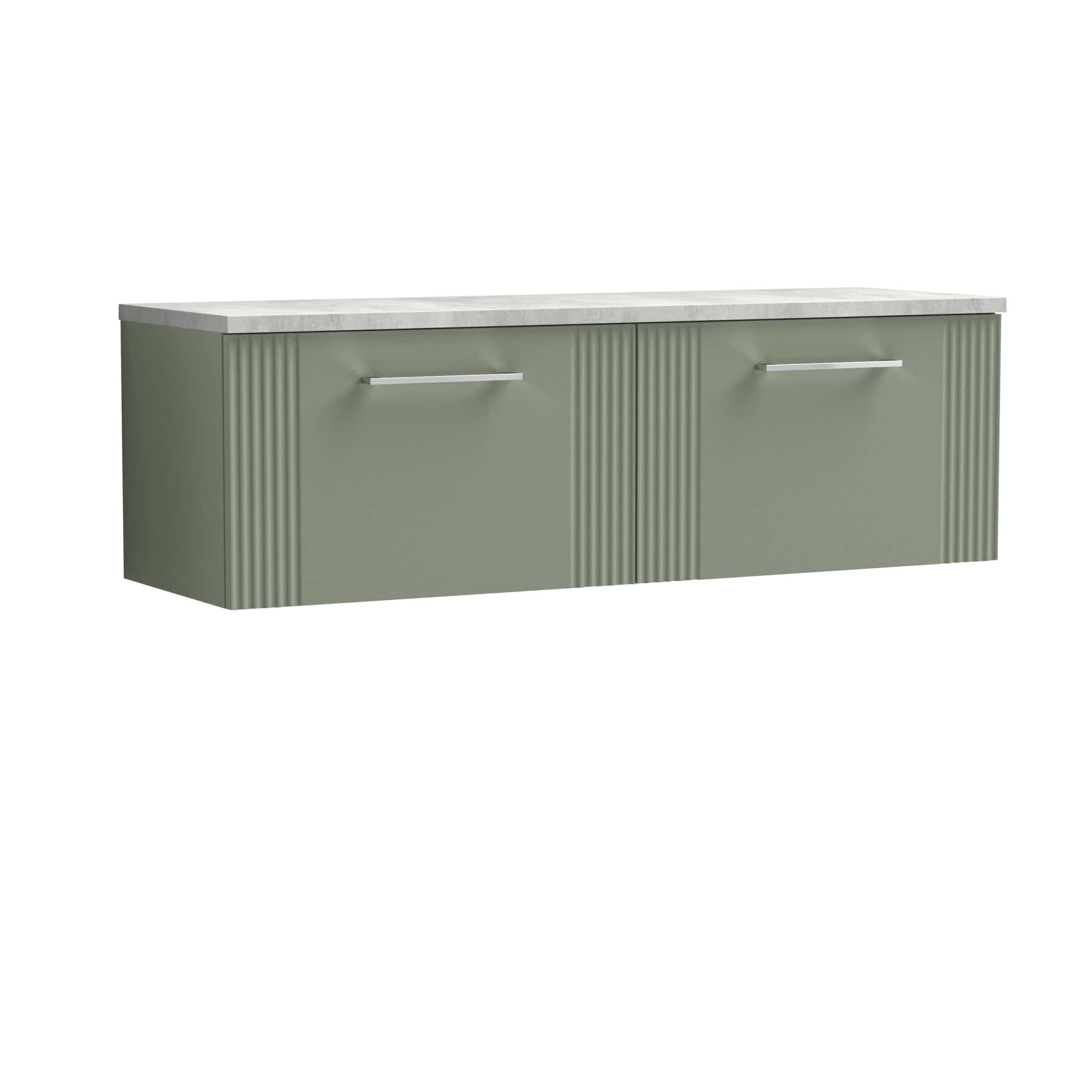 Modern green bathroom vanity unit with sleek metallic handles and a smooth countertop, perfect for contemporary bathroom storage and design.