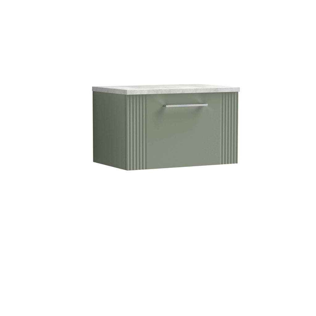 Sleek green bathroom vanity unit with a marble top, featuring ribbed side panels and a modern chrome handle, ideal for contemporary bathroom storage solutions.