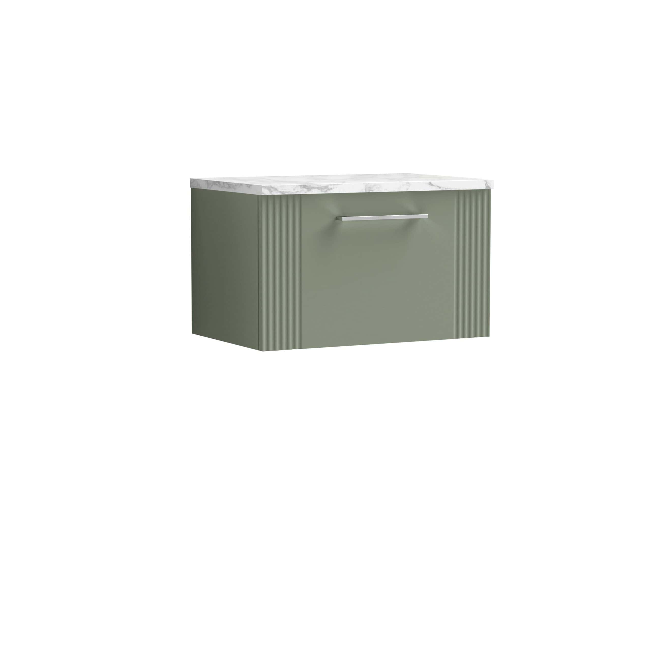 Modern green bathroom vanity with marble top and sleek silver handle, ideal for contemporary bathroom storage solutions.