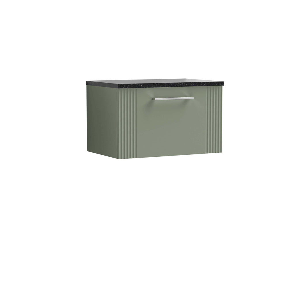 Contemporary bathroom vanity unit with a matte sage green finish, ribbed sides, and a stylish black speckled top – ideal for modern bathroom storage and décor.