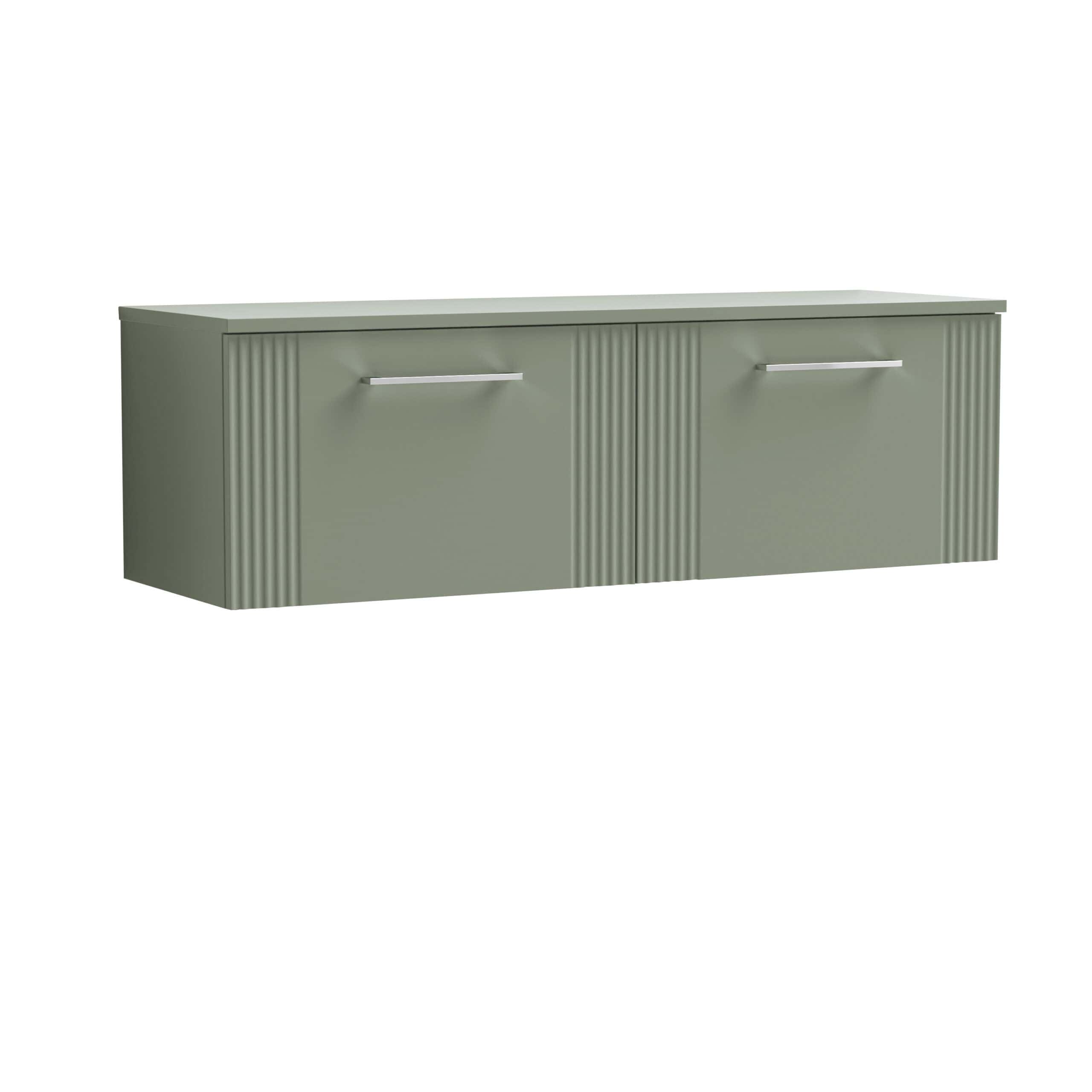 Sleek green bathroom storage cabinet with vertically ribbed doors and modern silver handles, ideal for contemporary bathrooms.