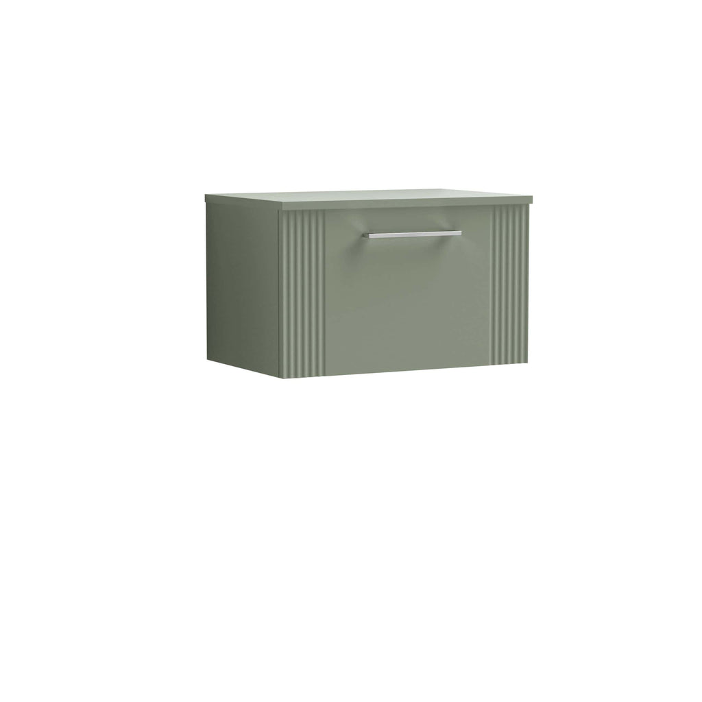 Sage green bathroom vanity with sleek handle and ribbed side detail, ideal for modern bathroom storage solutions.