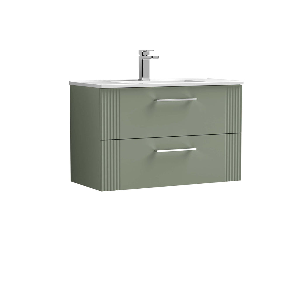 Sleek green bathroom vanity unit with integrated sink and modern chrome tap, perfect for contemporary bathrooms, offering stylish storage solutions and elegant design.