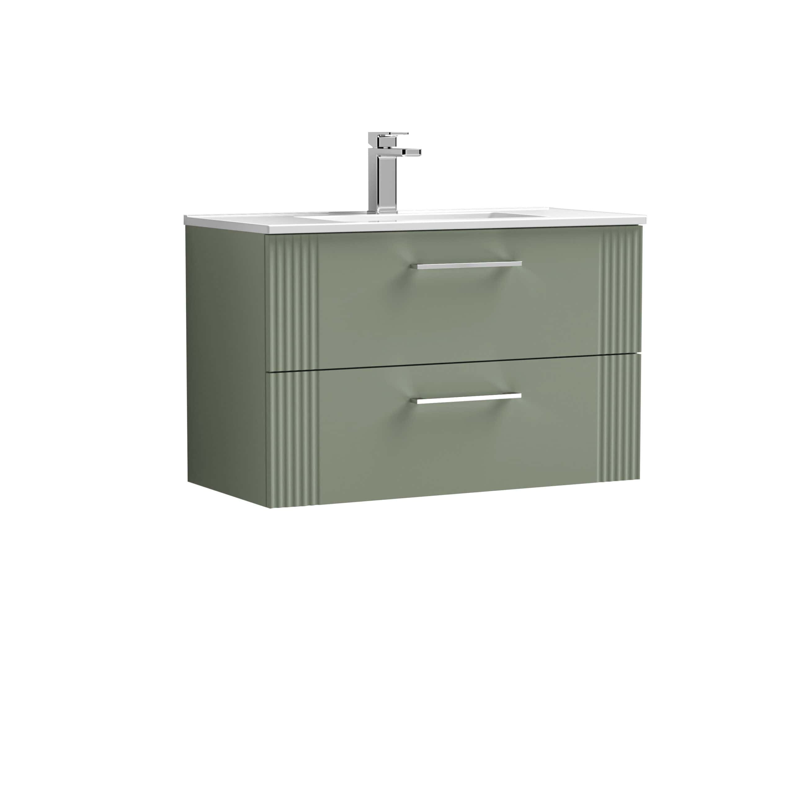 Sleek green bathroom vanity unit with integrated sink and modern chrome tap, perfect for contemporary bathrooms, offering stylish storage solutions and elegant design.