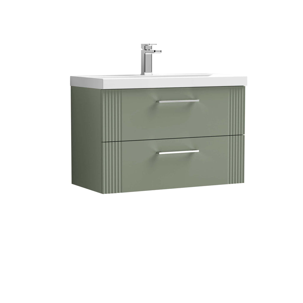 Modern green bathroom vanity with integrated sink and sleek silver handles, ideal for contemporary bathroom designs. Features two spacious drawers for practical storage solutions.