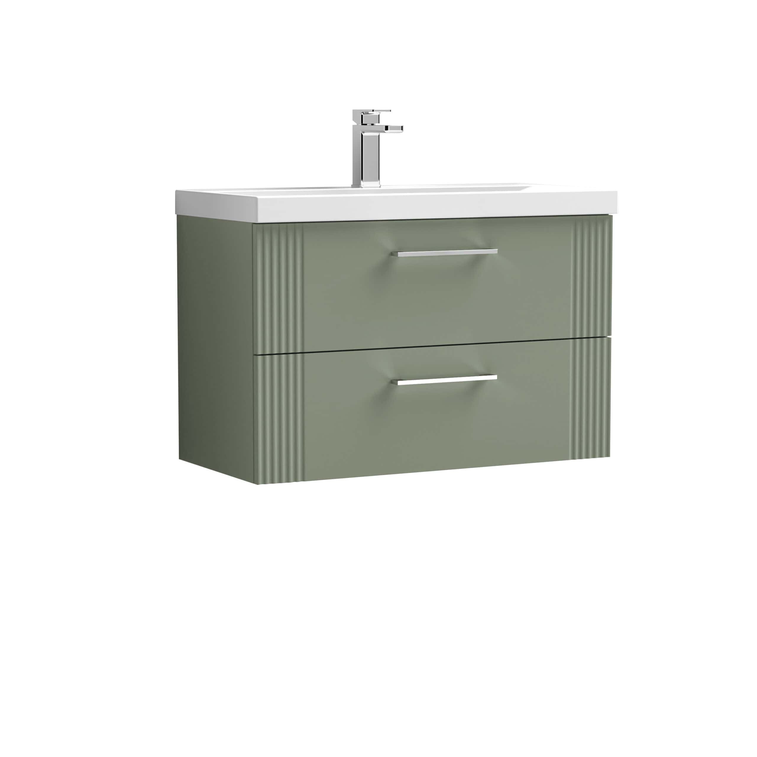 Modern green bathroom vanity with integrated sink and sleek silver handles, ideal for contemporary bathroom designs. Features two spacious drawers for practical storage solutions.