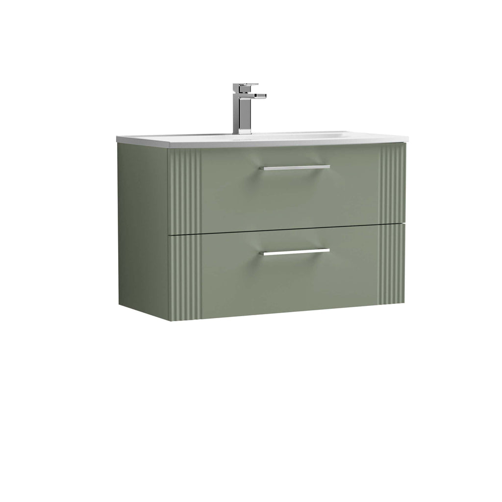 Sleek green bathroom vanity with dual drawers and a modern chrome handle, topped with a white ceramic sink and chrome faucet, perfect for contemporary bathroom interior design.
