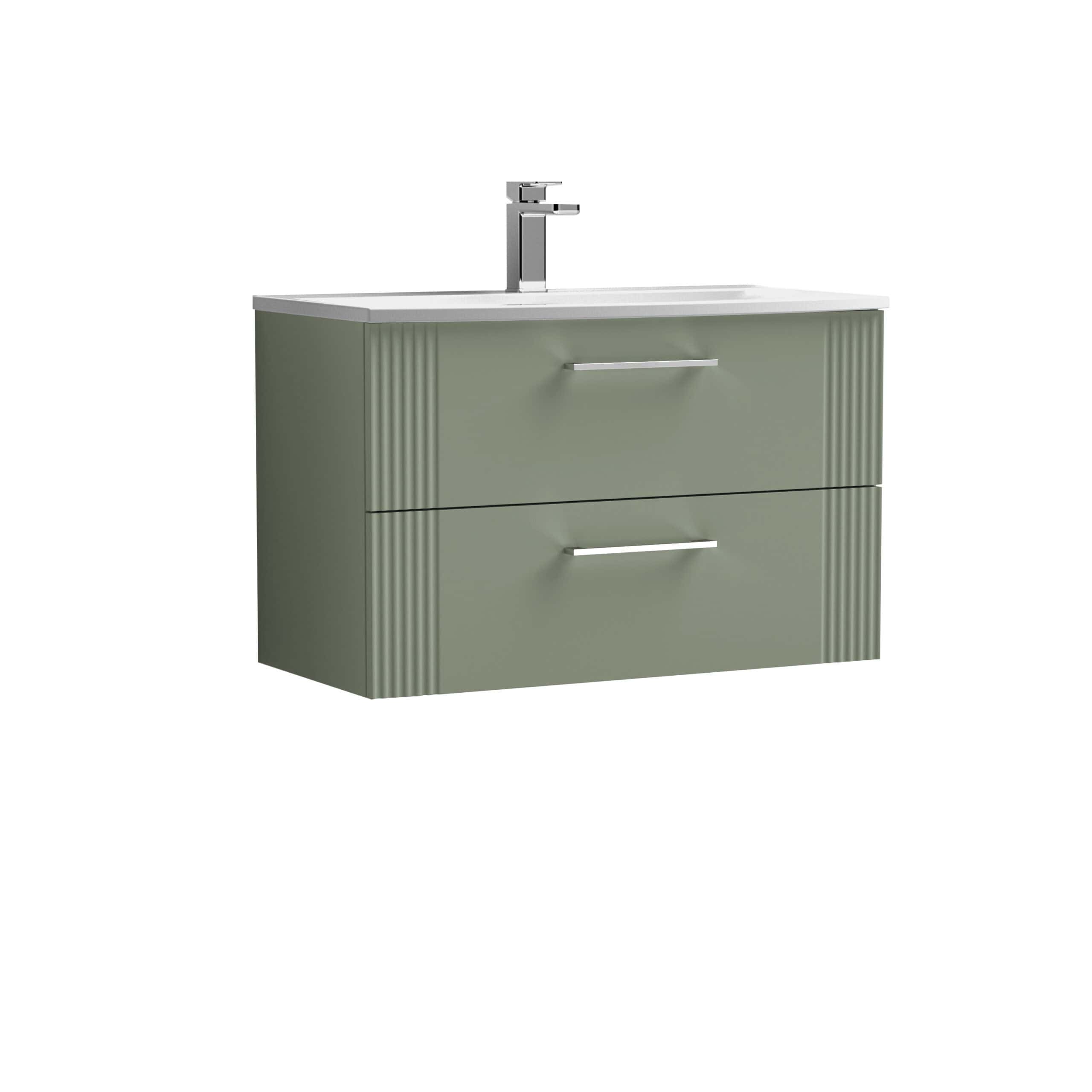 Sleek green bathroom vanity with dual drawers and a modern chrome handle, topped with a white ceramic sink and chrome faucet, perfect for contemporary bathroom interior design.