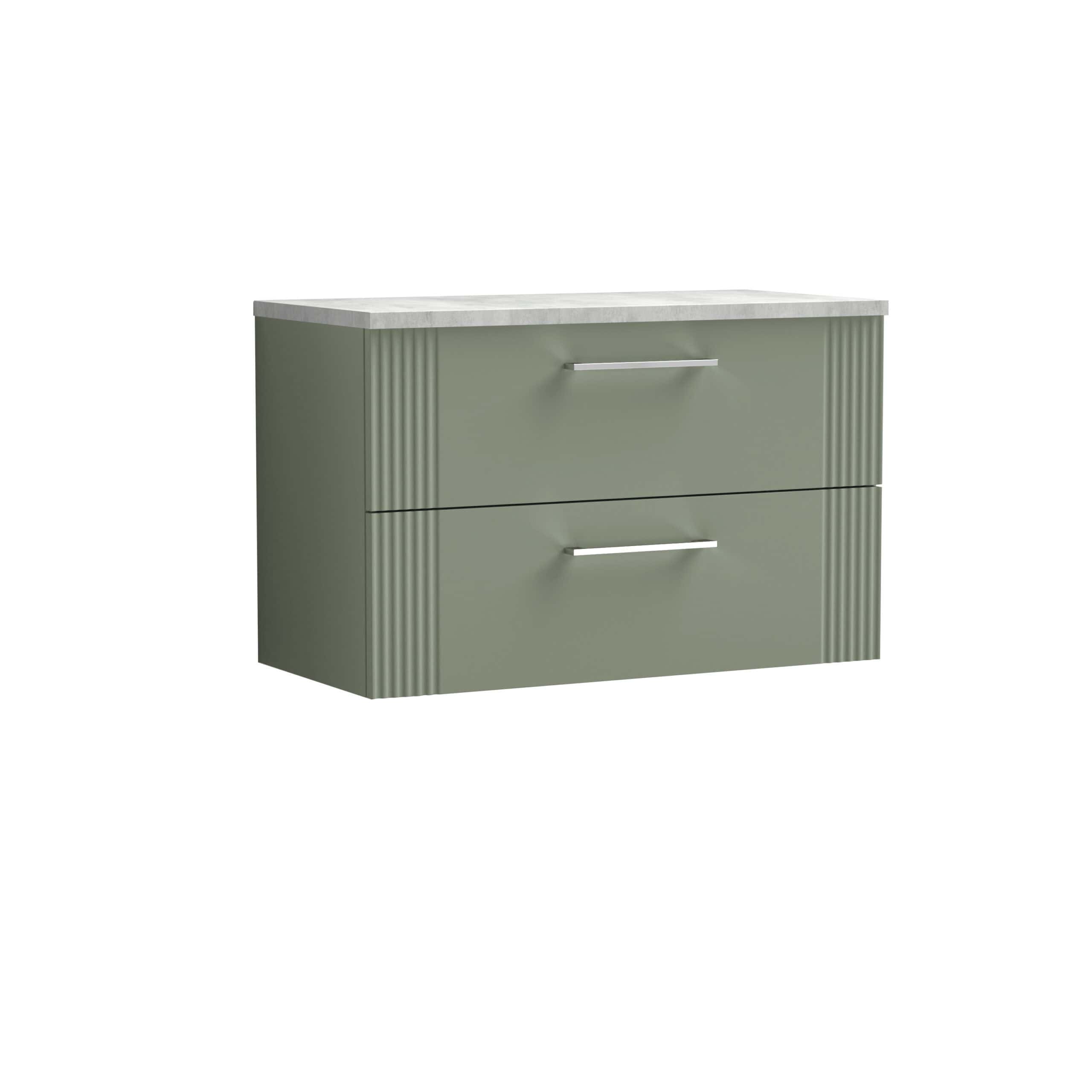 Sleek green bathroom vanity unit with marble top featuring two spacious drawers and modern chrome handles, perfect for contemporary bathroom storage solutions.
