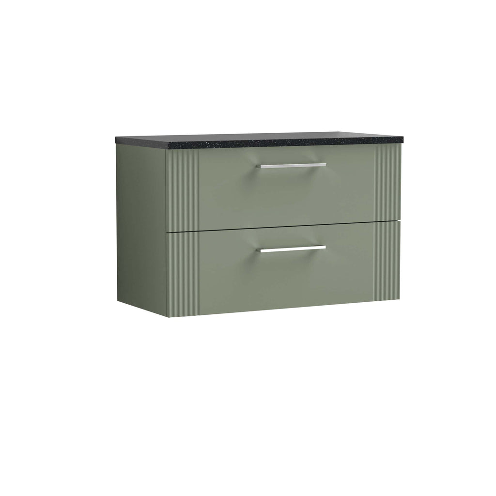 Sleek green bathroom vanity unit with black countertop and silver handles, perfect for modern bathroom storage solutions.