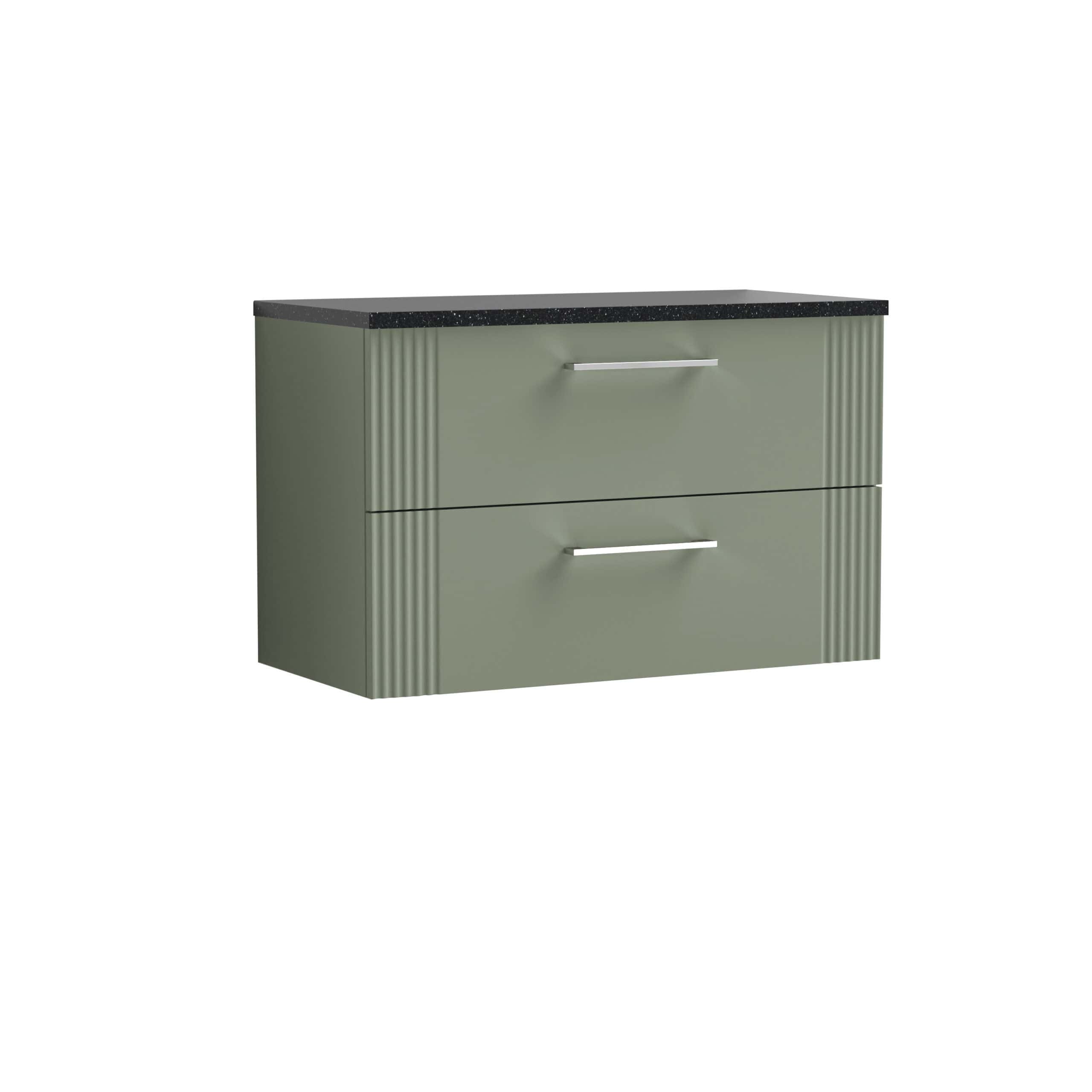 Sleek green bathroom vanity unit with black countertop and silver handles, perfect for modern bathroom storage solutions.