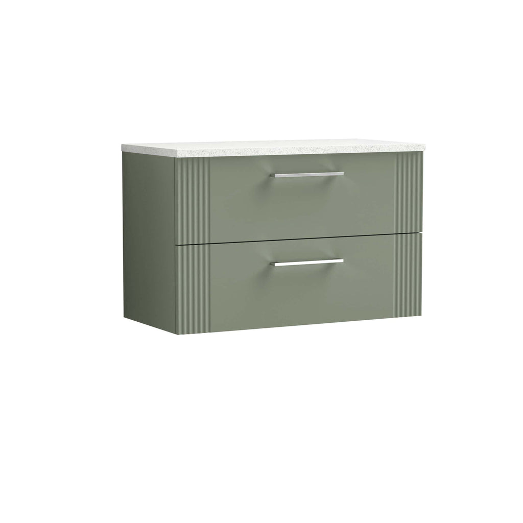 Sleek green bathroom vanity unit with two drawers and silver handles, topped with a white stone countertop, ideal for modern bathroom interiors.