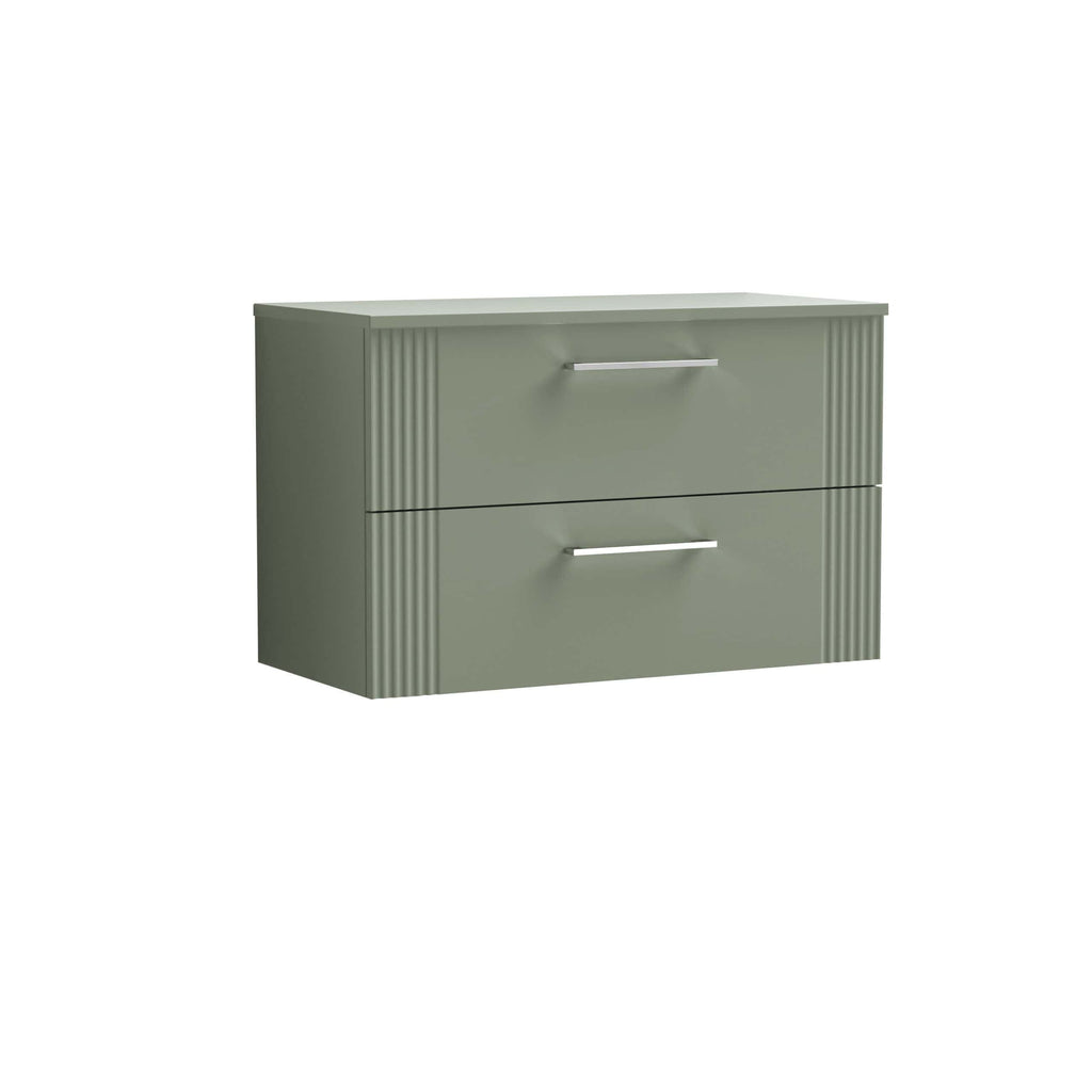 Modern green bathroom vanity with sleek silver handles and ribbed side panels, ideal for contemporary bathroom storage solutions. Perfect for upscale bathroom design and organisation.