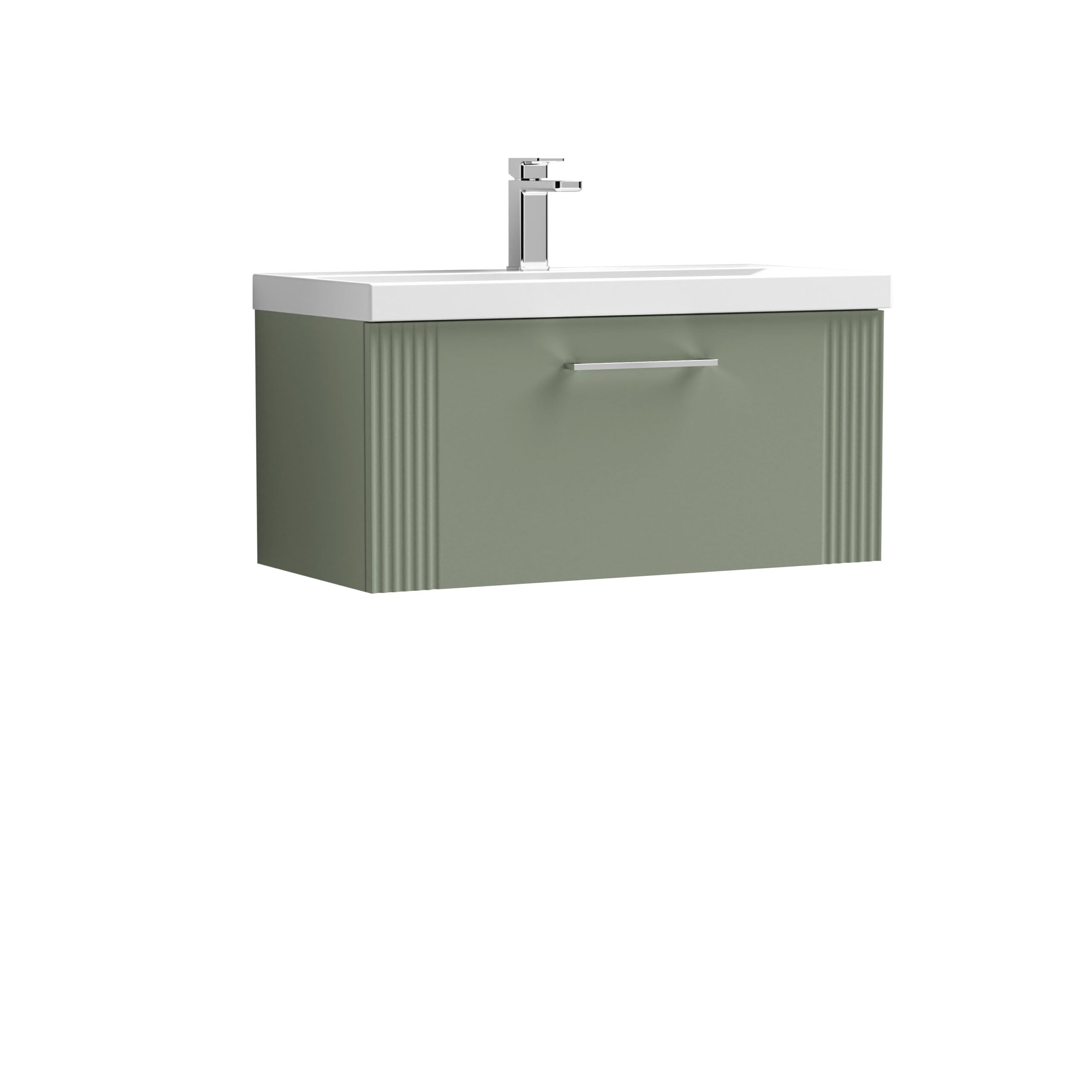 Sleek modern bathroom vanity with a light green finish, integrated basin, and contemporary chrome faucet, ideal for stylish bathroom interior design.