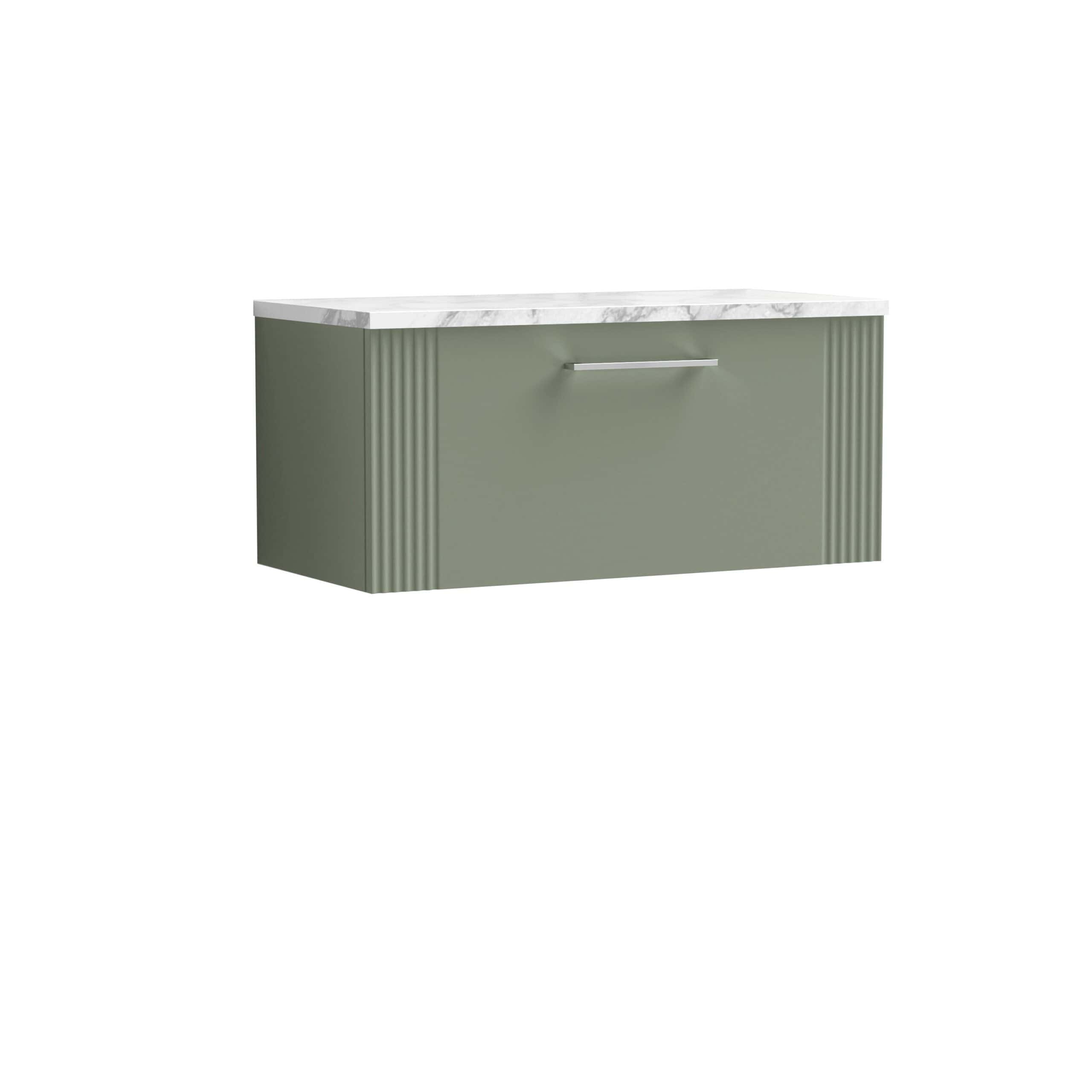 Modern bathroom vanity unit with a grey finish, sleek handle, and marble top, perfect for contemporary bathroom design and storage solutions.