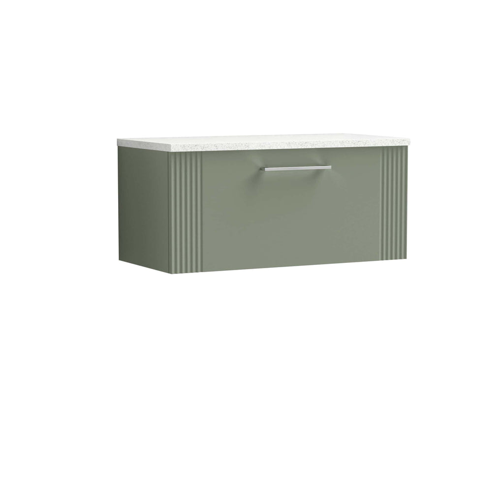 Modern green bathroom vanity with a white marble countertop and sleek handle, perfect for contemporary bathroom storage and stylish organisation.