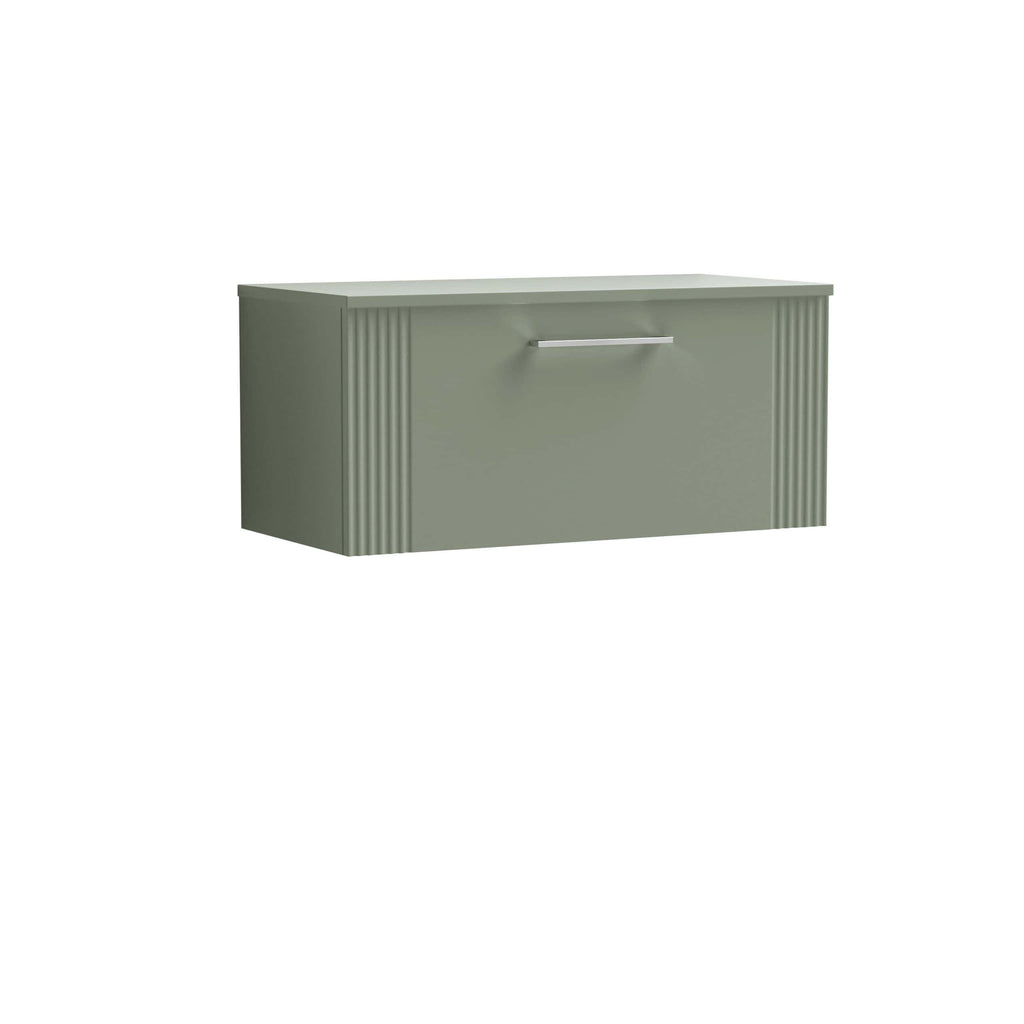 Sleek modern bathroom wall-mounted storage cabinet in sage green with ribbed detailing and a silver handle, ideal for contemporary bathroom organisation and storage solutions.