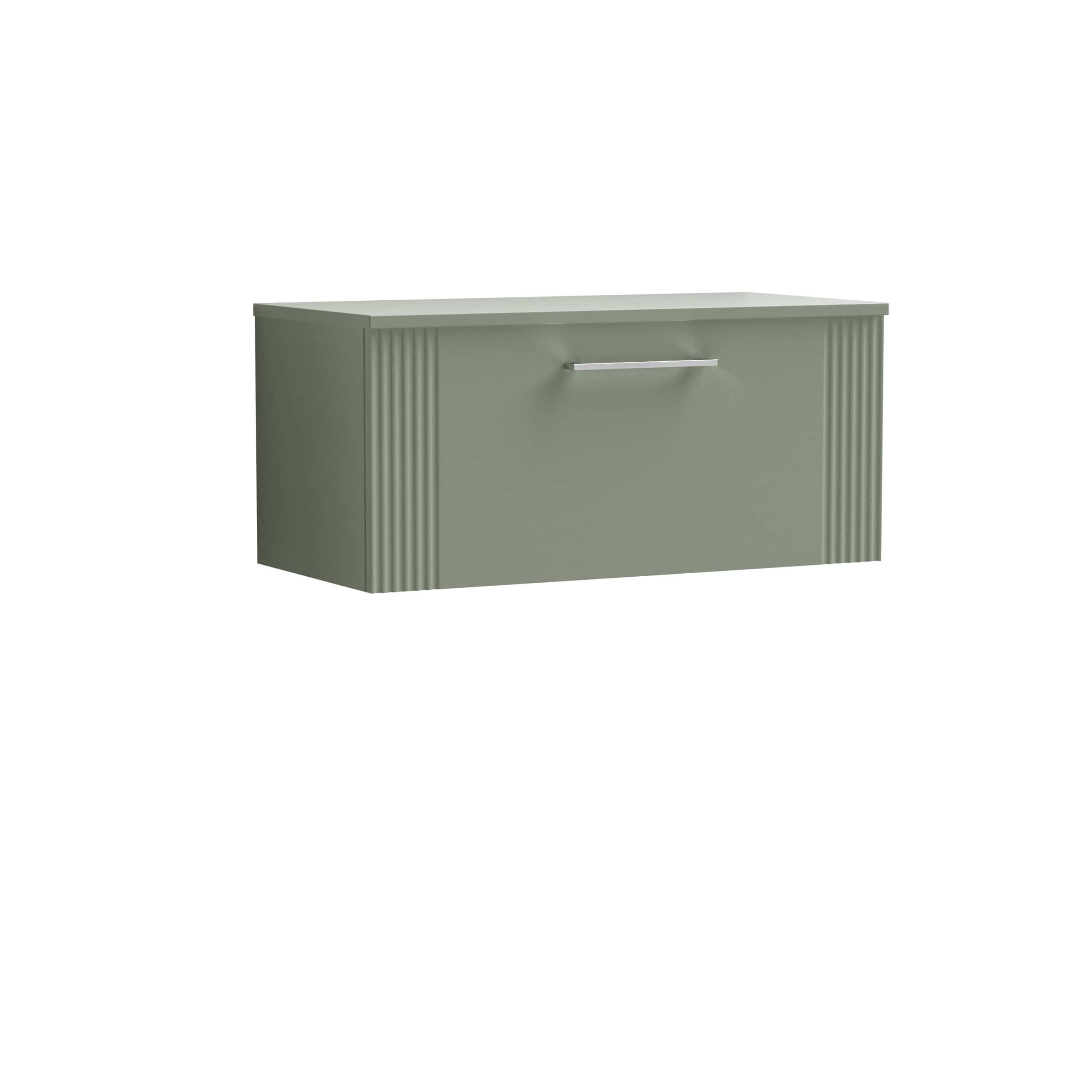 Sleek modern bathroom wall-mounted storage cabinet in sage green with ribbed detailing and a silver handle, ideal for contemporary bathroom organisation and storage solutions.