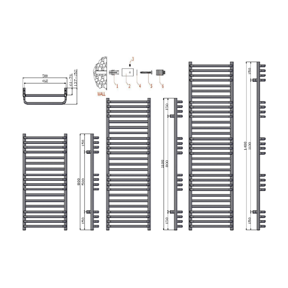 Reina Marco Chrome Heated Towel Rail - technical drawing with dimensions