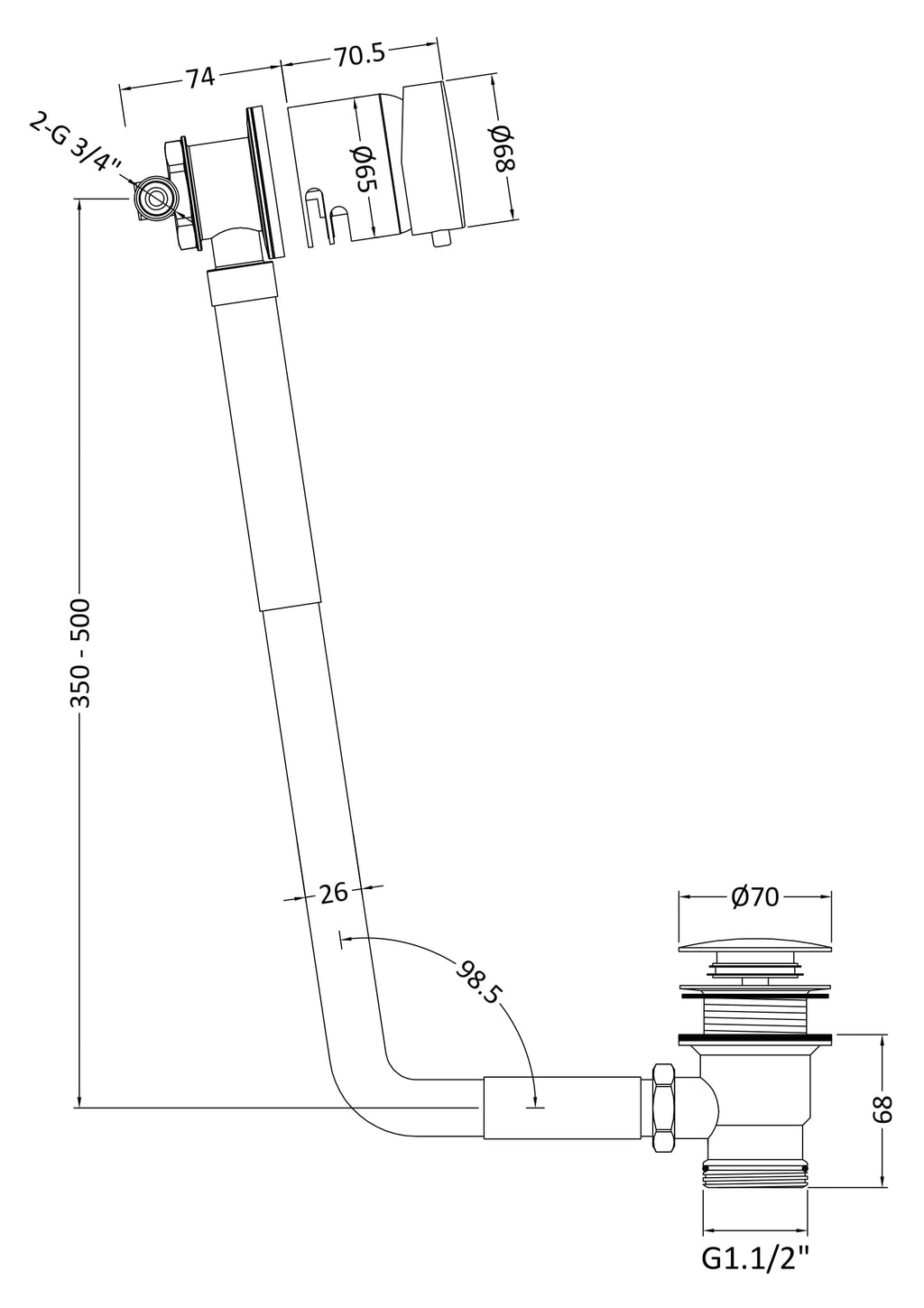 Flexible bathroom sink waste pipe with detailed technical drawing, including dimensions and fittings, ideal for plumbing installations in modern bathroom renovations.