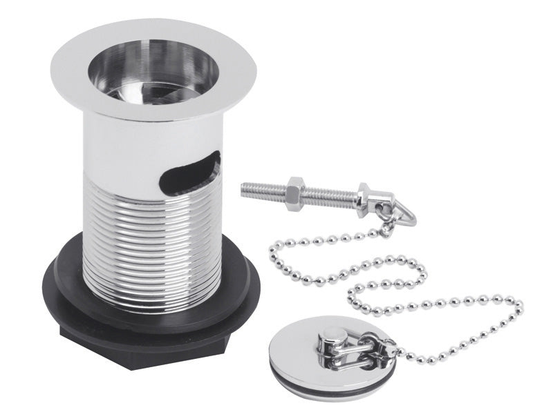 Shower drain assembly and chain plug for bathroom plumbing, featuring stainless steel and durable materials for easy installation and effective water drainage.