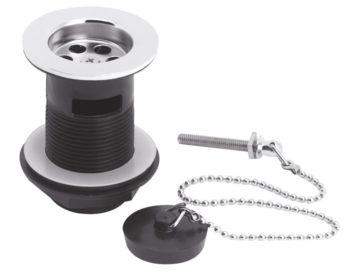 Drain plug with chain and screw fitting, ideal for bathroom sink drain maintenance and repair, compatible with Bubly Bathrooms fixtures.
