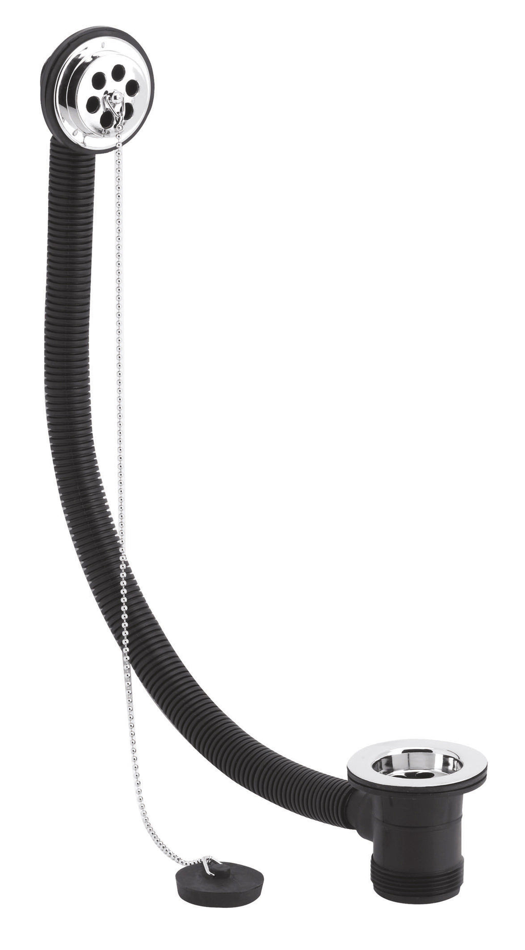 Flexible black sink waste pipe with chrome drain flange for bathroom sinks, including chain and plug. Ideal for modern bathroom plumbing, ensuring leak-free drainage.