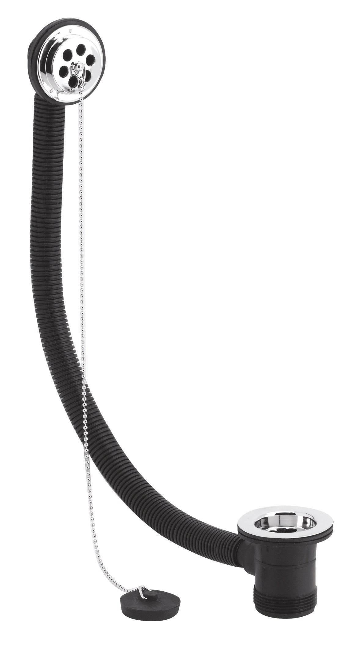 Flexible black sink waste pipe with chrome drain flange for bathroom sinks, including chain and plug. Ideal for modern bathroom plumbing, ensuring leak-free drainage.
