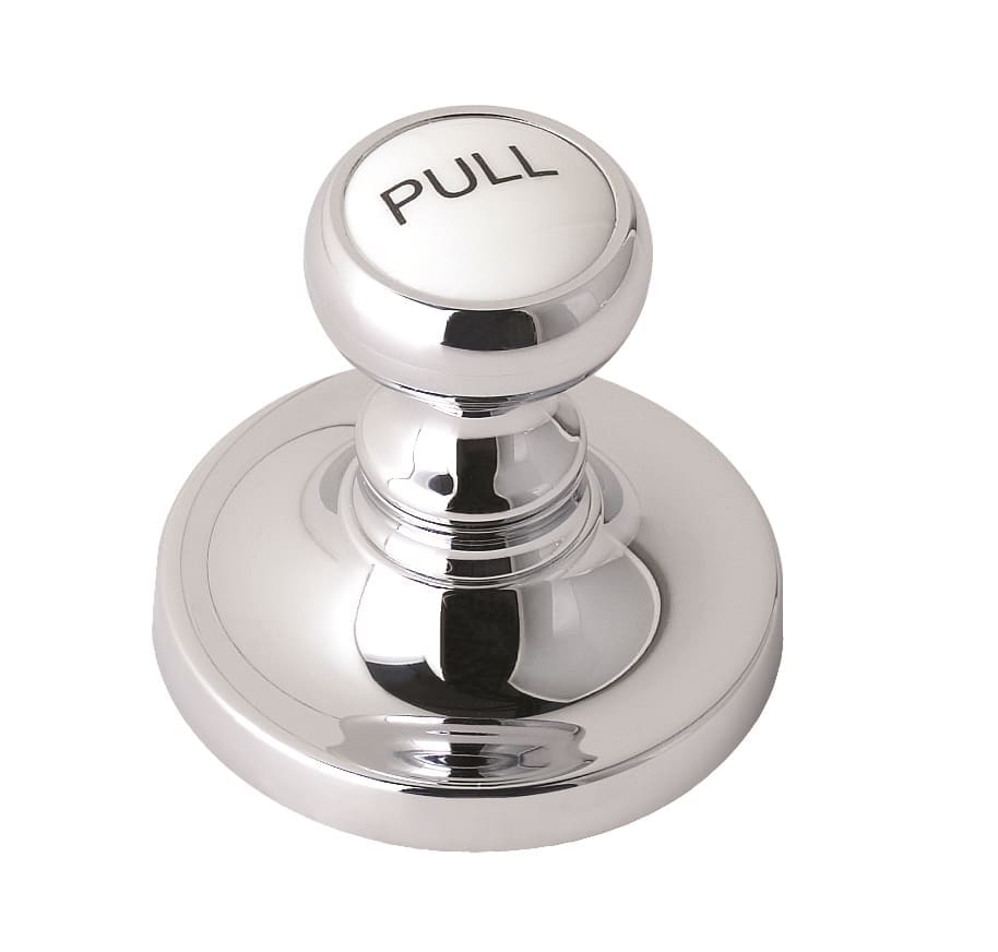 Polished chrome bathroom press button with "PULL" label, designed for modern toilet cisterns.