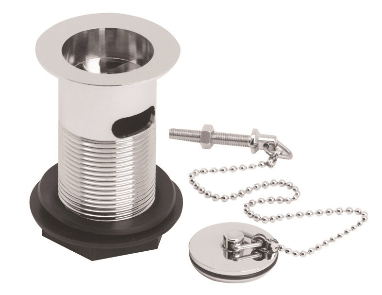 Chrome pop-up basin waste with matching chain and bolt, designed for modern bathroom sink drainage solutions.
