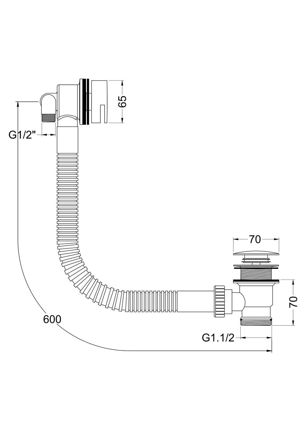 Flexible sink waste pipe with G1/2 fittings, suitable for bathroom plumbing installations. Features a 600mm length, durable construction, and easy connection for bathroom sinks and basins.