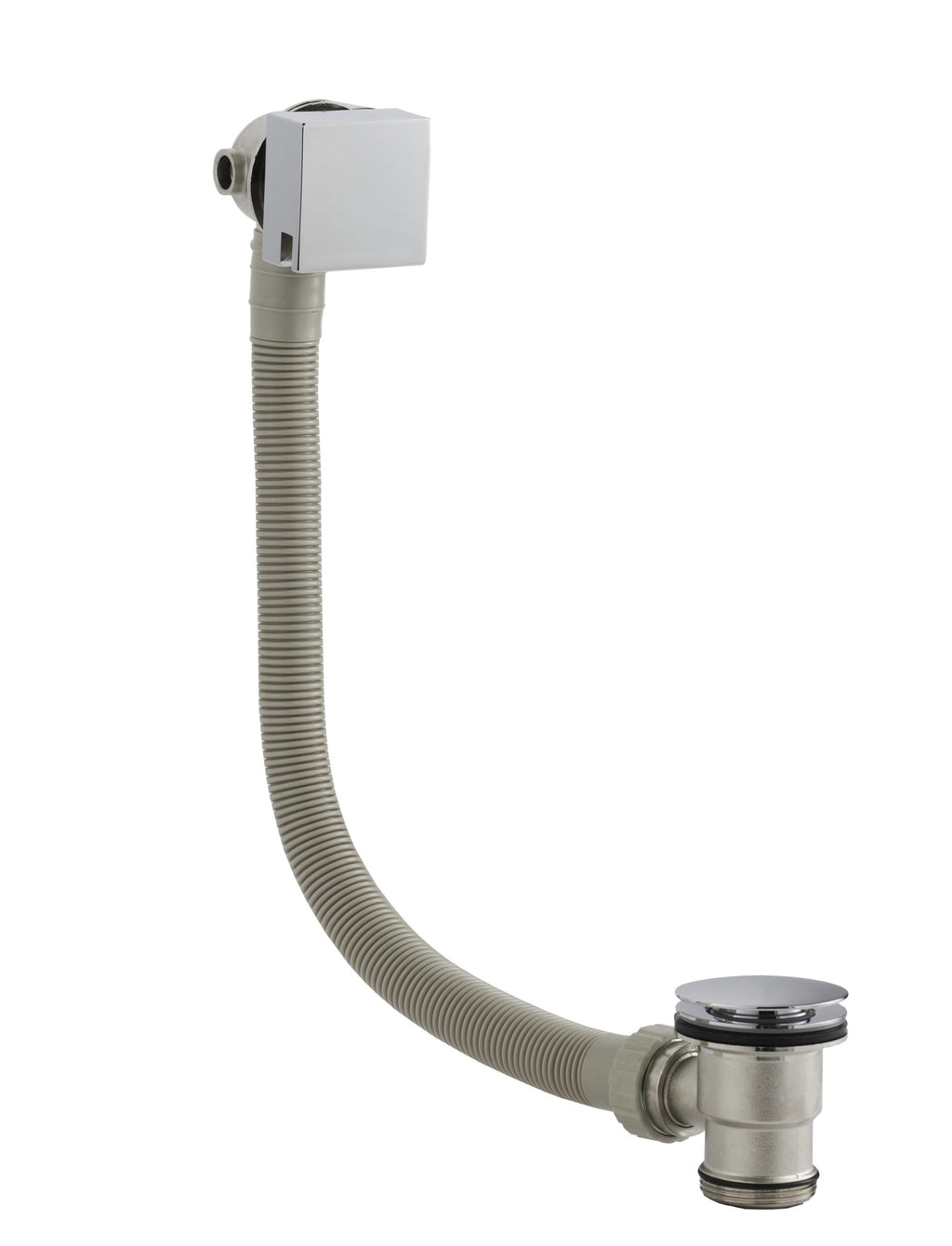 Flexible sink drain pipe with chrome-plated waste outlet and durable grey corrugated hose, ideal for bathroom plumbing and installation. Suitable for modern bathroom setups.