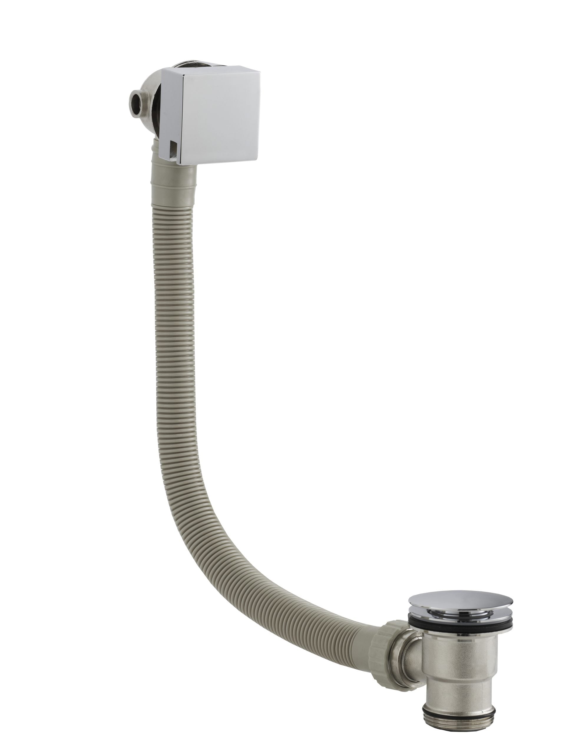 Flexible sink drain pipe with chrome-plated waste outlet and durable grey corrugated hose, ideal for bathroom plumbing and installation. Suitable for modern bathroom setups.