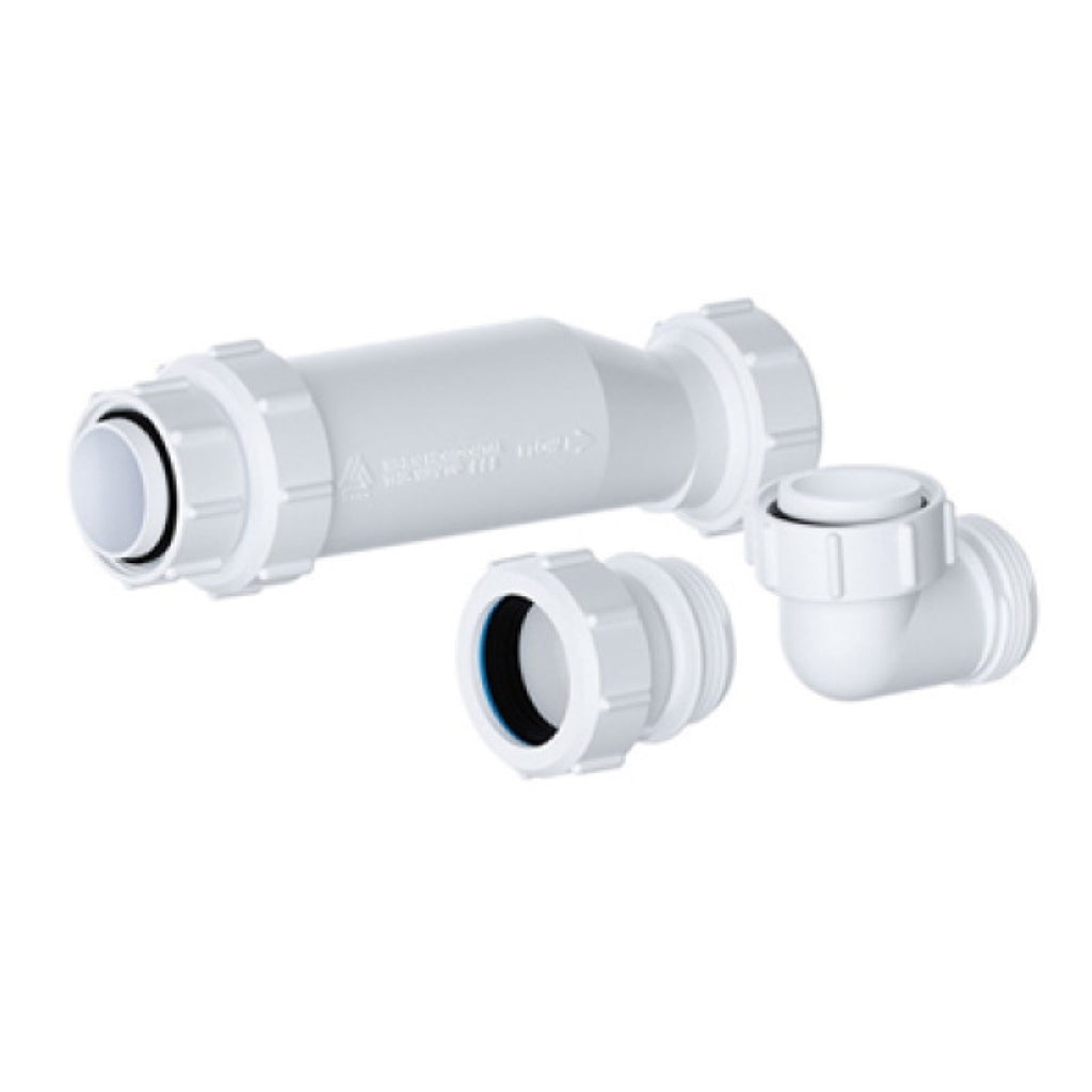 Flexible white PVC pipe connection for bathroom plumbing, featuring a straight connector and elbow joint, ideal for sink, toilet, and shower installations.
