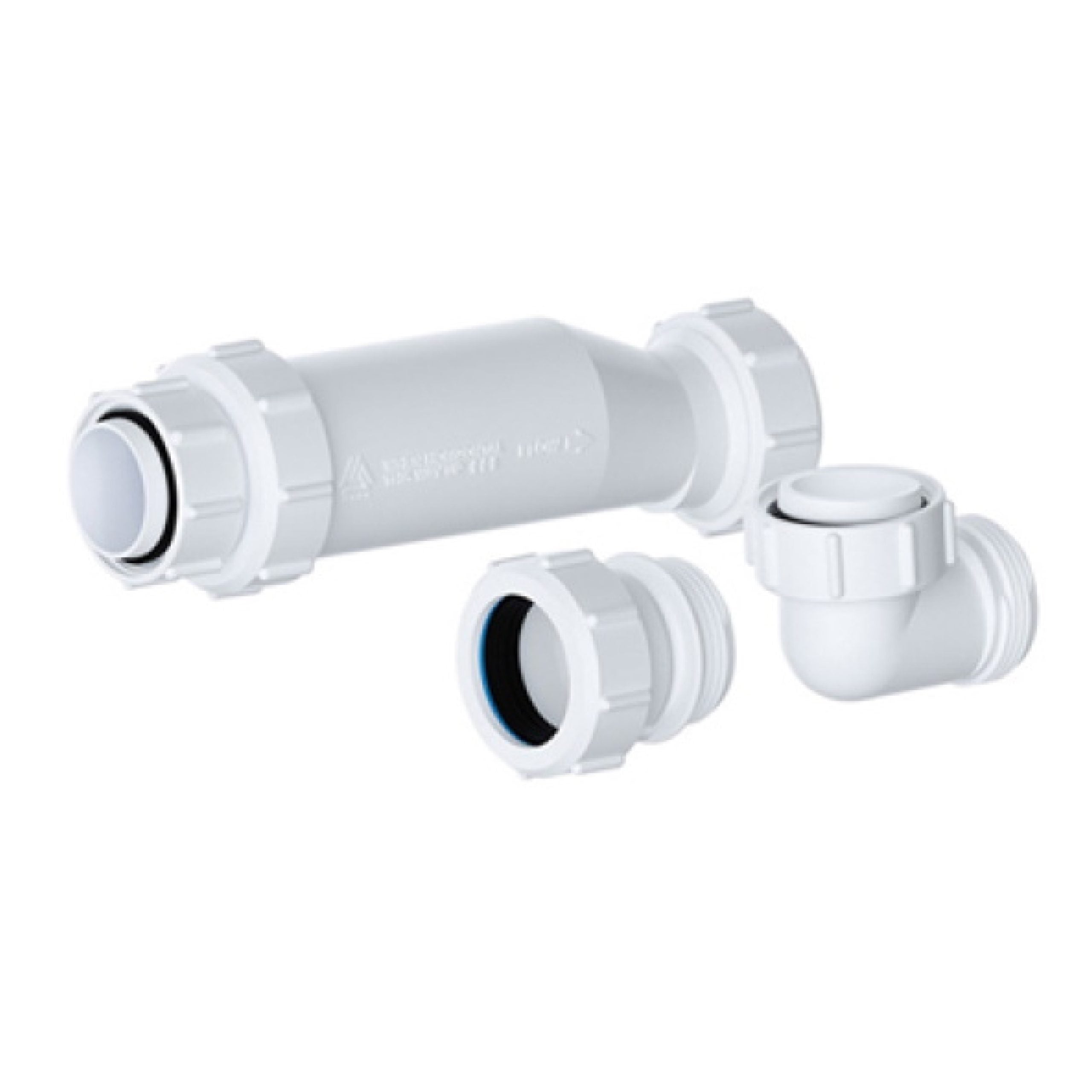 Flexible white PVC pipe connection for bathroom plumbing, featuring a straight connector and elbow joint, ideal for sink, toilet, and shower installations.