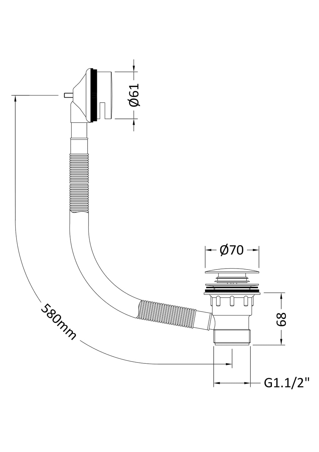 Flexible sink waste pipe with measurements for bathroom installation, includes diameter and length details for easy fitting.