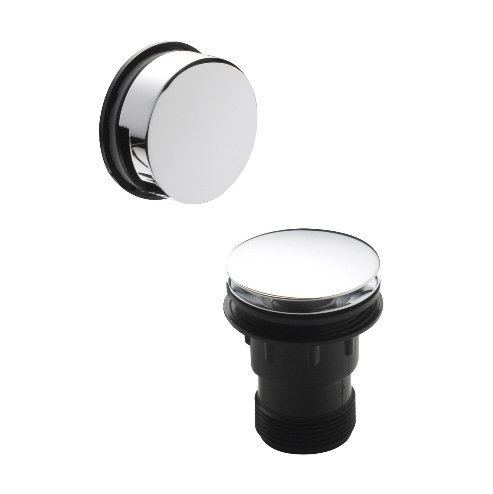Shower drain cover and push button waste set for bathrooms, featuring sleek chrome finish and durable black plastic components. Perfect for modern bathroom installations and repairs.