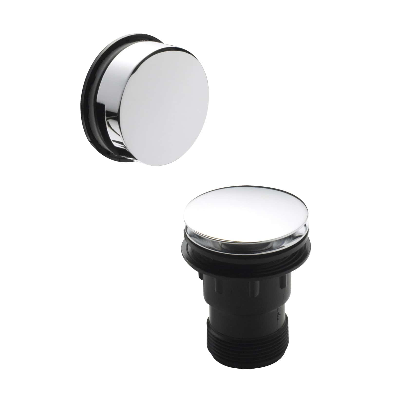 Polished chrome bathroom drain cover with removable strainer for sink or shower drainage.