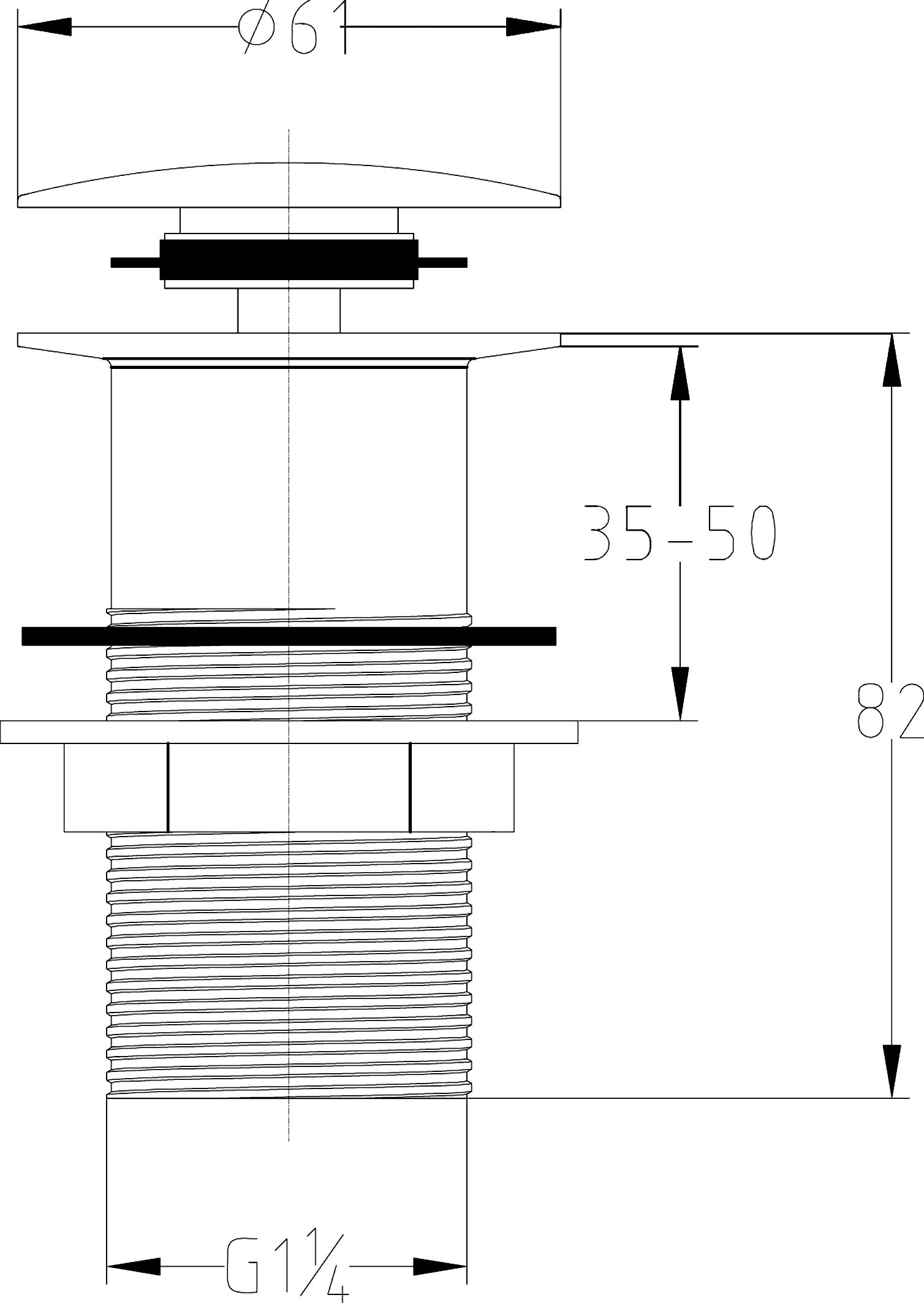 Precision drain fitting for bathrooms, featuring adjustable height of 35-50mm, G1/4” thread, and high-quality materials for leak-proof installation. Suitable for modern bathroom renovation projects.
