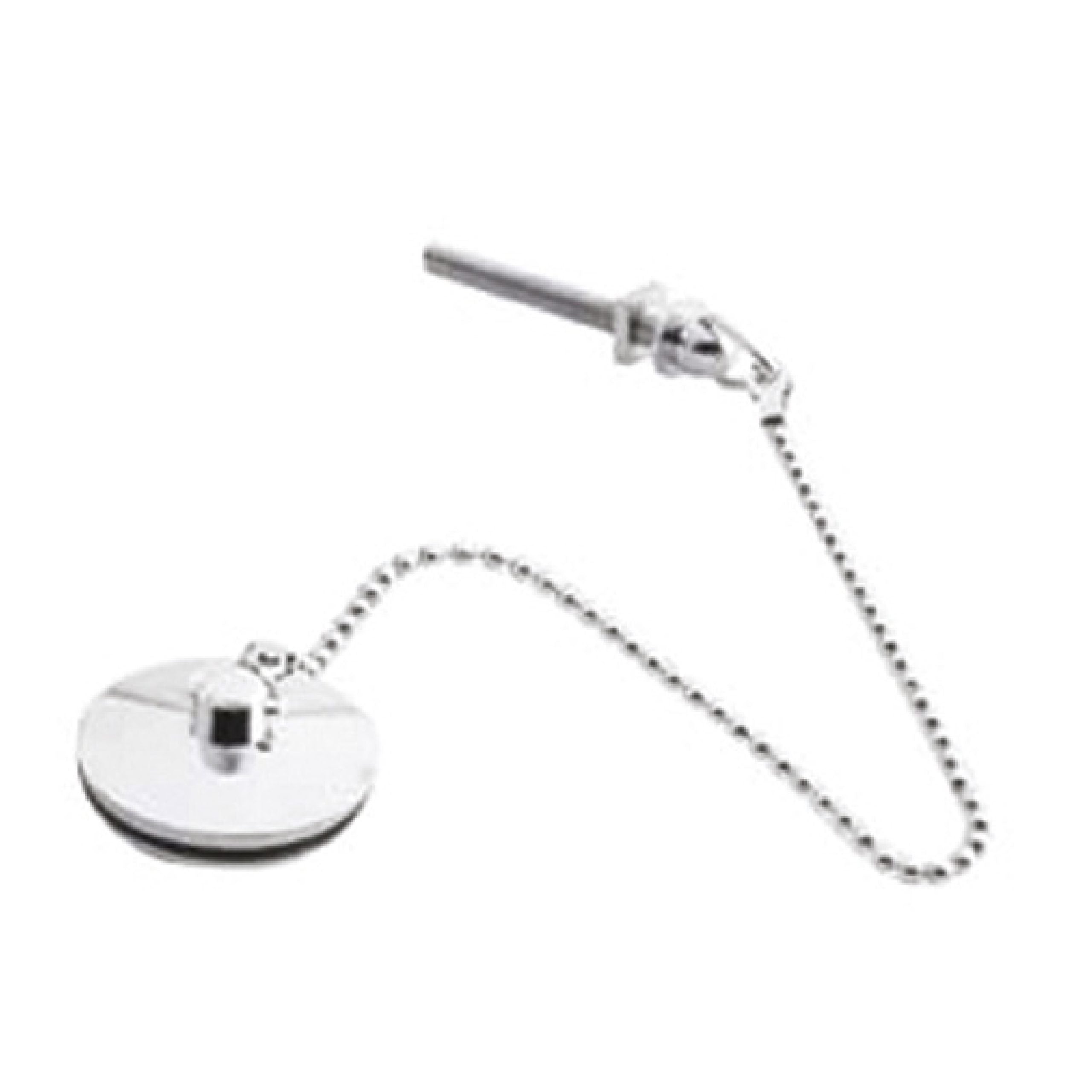 Silver bathroom sink drain cover with chain and lever mechanism, designed for plumbing repairs. High-quality chrome finish for durability and aesthetic appeal in modern bathrooms.