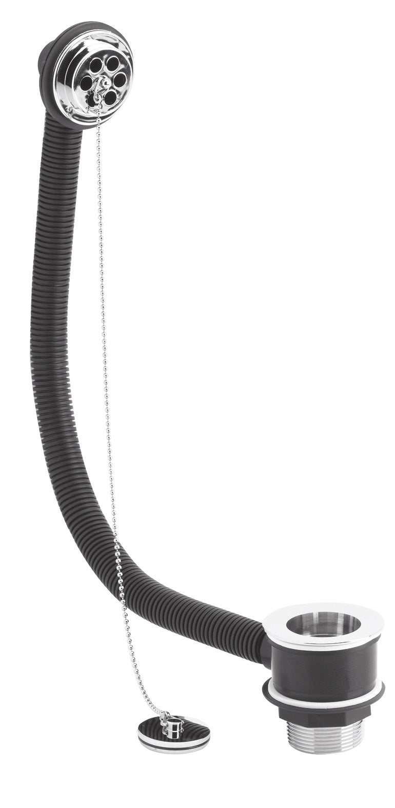 Flexible drainage pipe for bathroom sinks with chrome drain cover and chain, ideal for modern bathroom plumbing installations. Durable and versatile for efficient water flow.